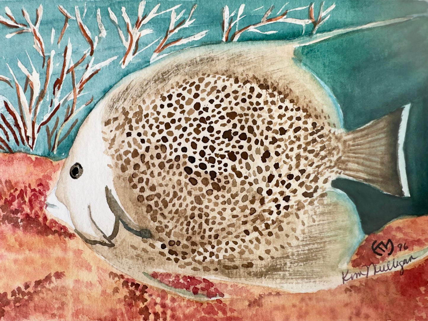 Watercolor painting of an angelfish with a spotted pattern on a colorful underwater background
