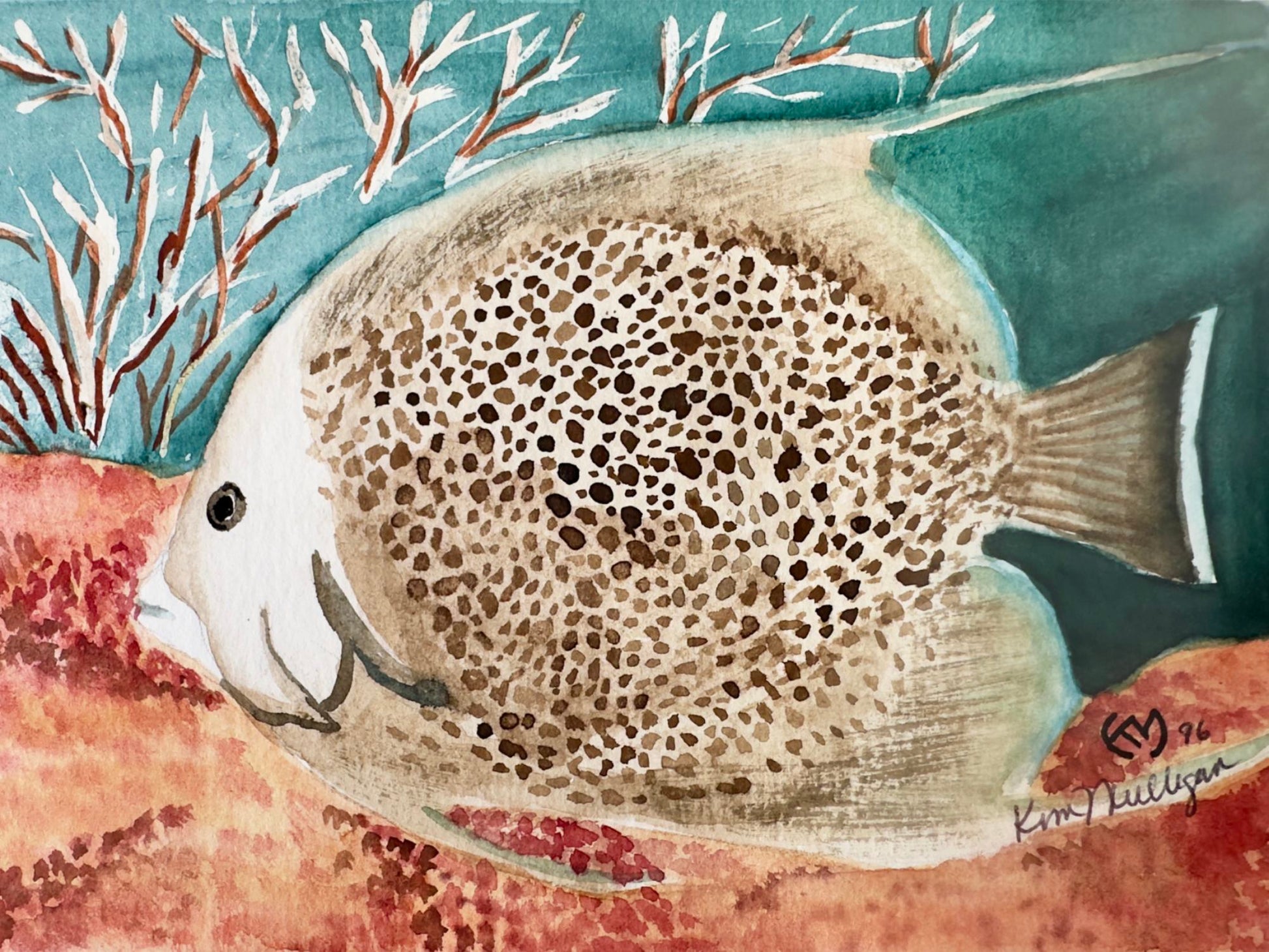 Watercolor painting of an angelfish with a spotted pattern on a colorful underwater background