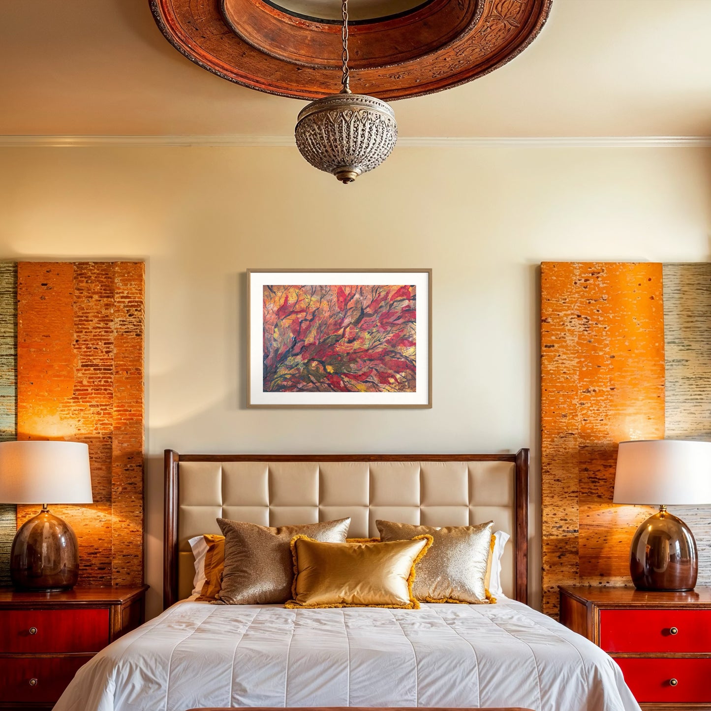 Decorative bedroom with a bed, nightstands, lamps, and wall art.