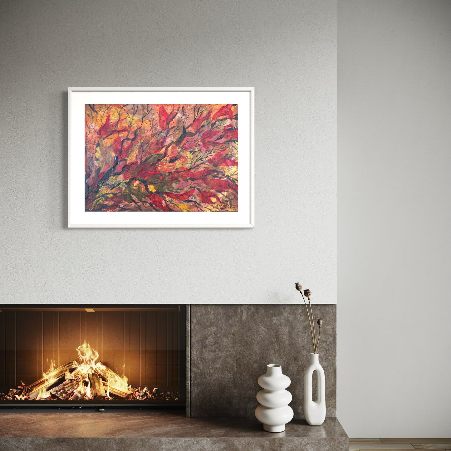 Print of abstract collage painting with vibrant red orange and yellow resembling an autumn tree.