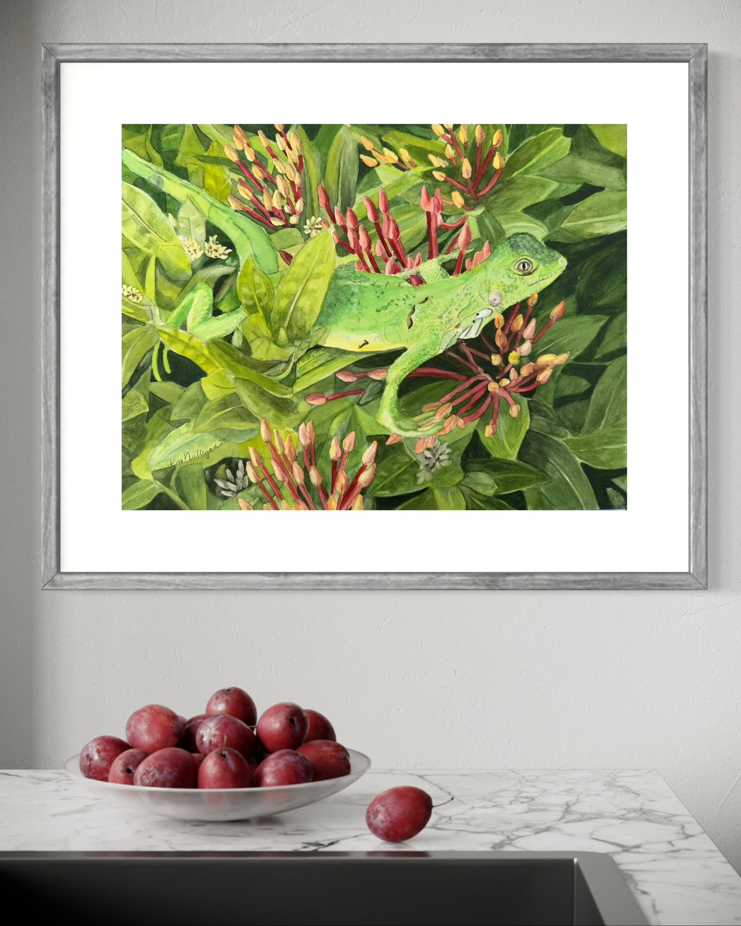 Print of Iguana in Ixora Bush Watercolor Painting