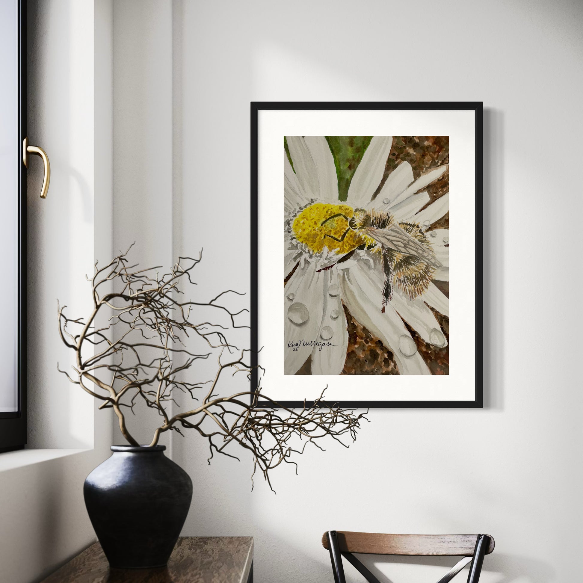 Watercolor painting of a bee on a white daisy flower with water droplets.