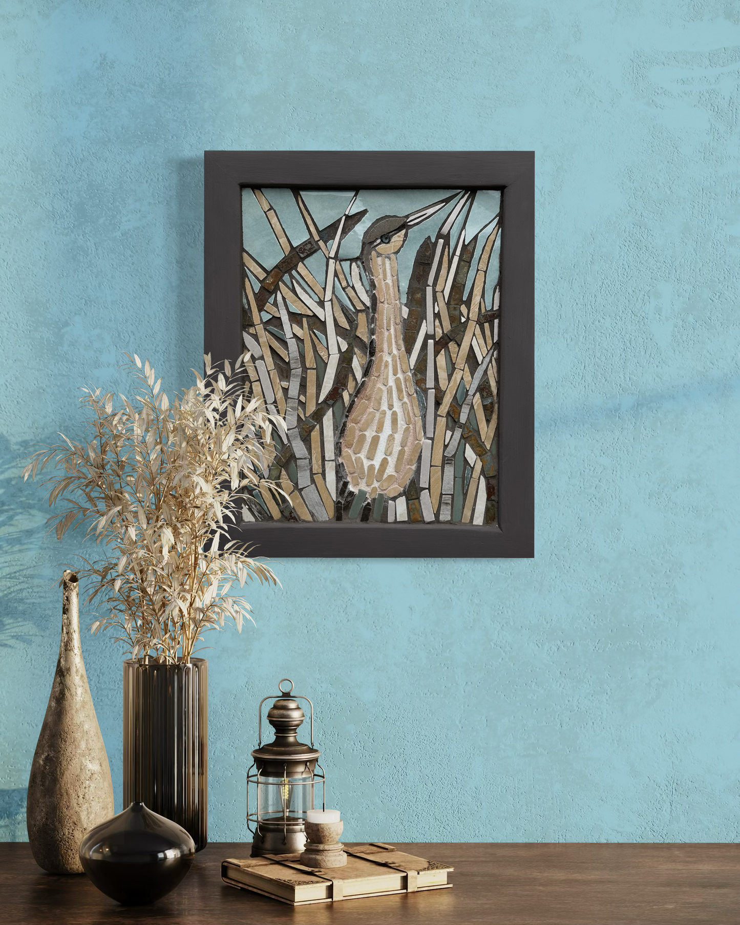 Wildlife Bird Mosaic – American Bittern, Neutral Nature Wall Art, Handmade Tile Design- 13x16.6"