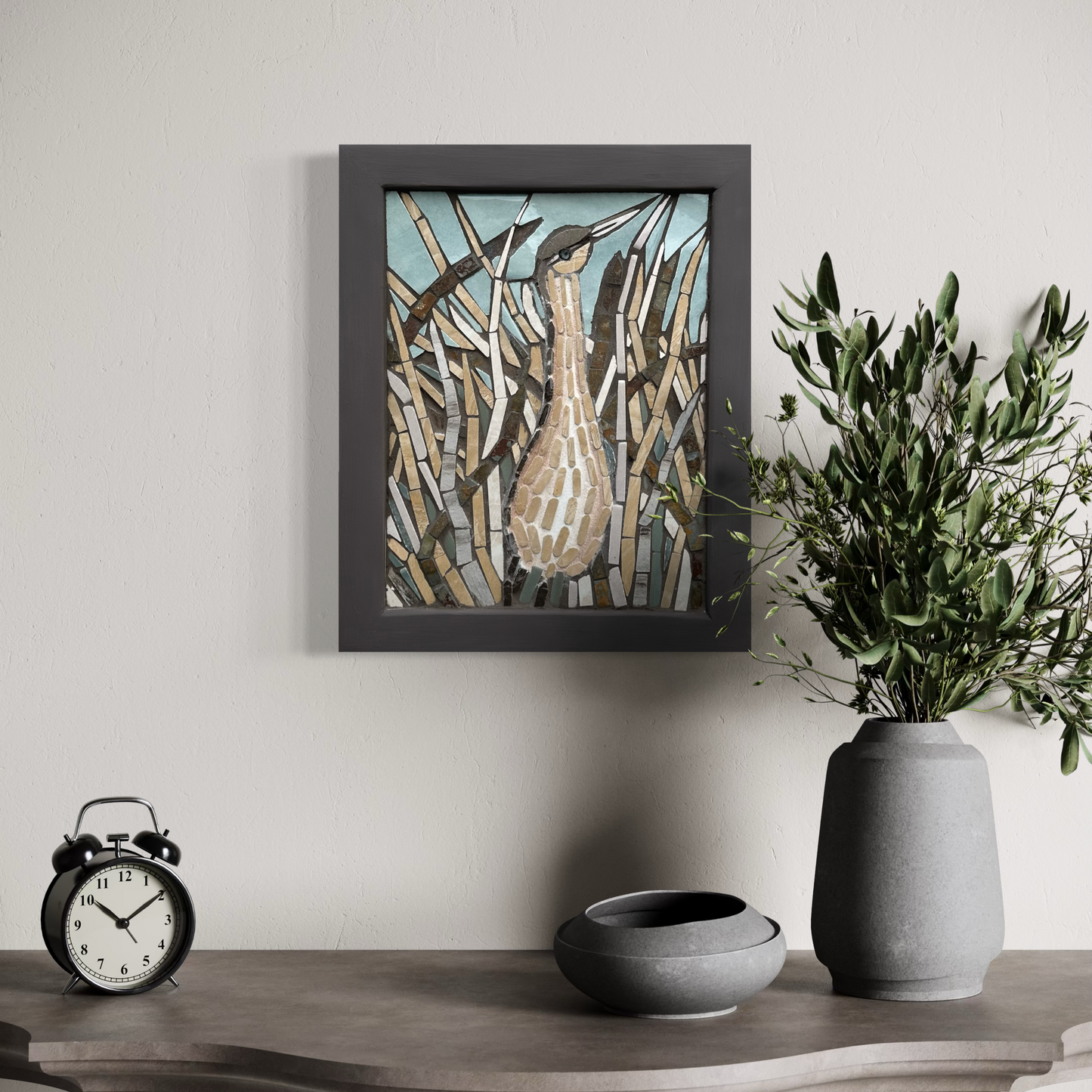 Wildlife Bird Mosaic – American Bittern, Neutral Nature Wall Art, Handmade Tile Design- 13x16.6"