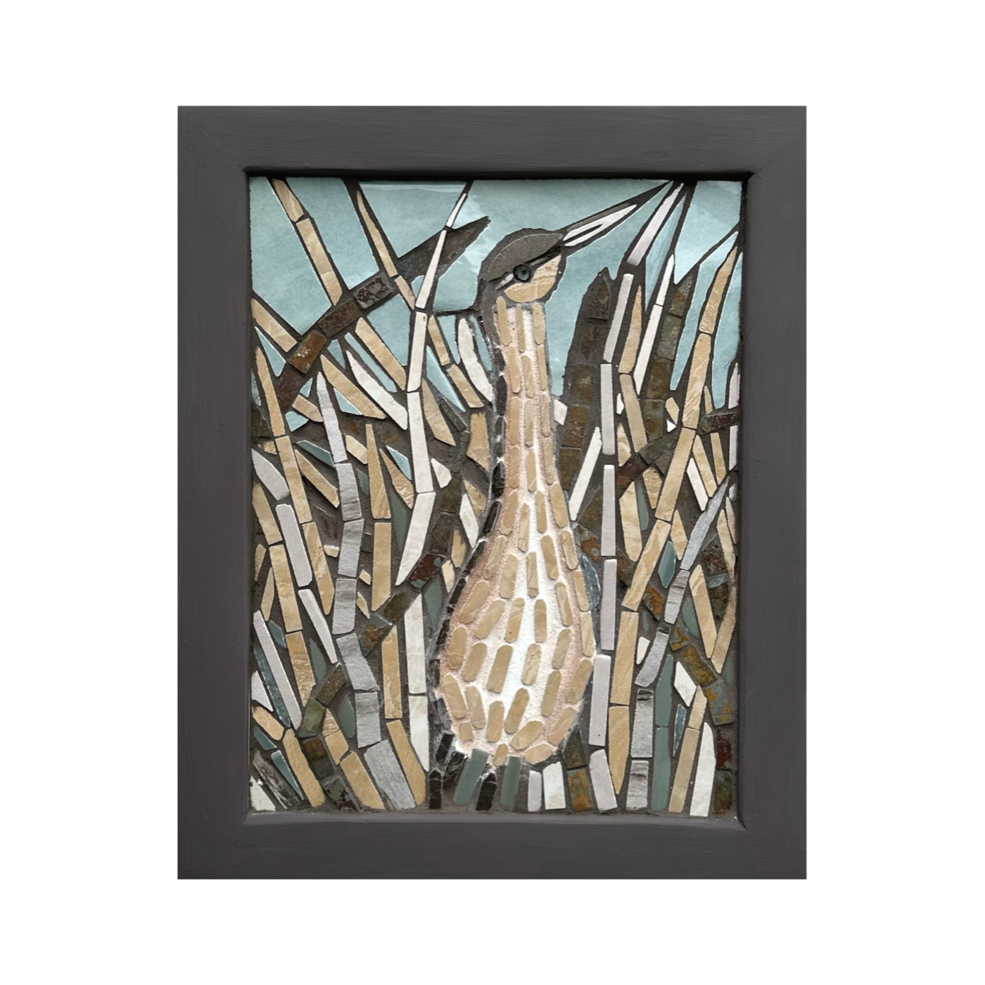 Wildlife Bird Mosaic – American Bittern, Neutral Nature Wall Art, Handmade Tile Design- 13x16.6"