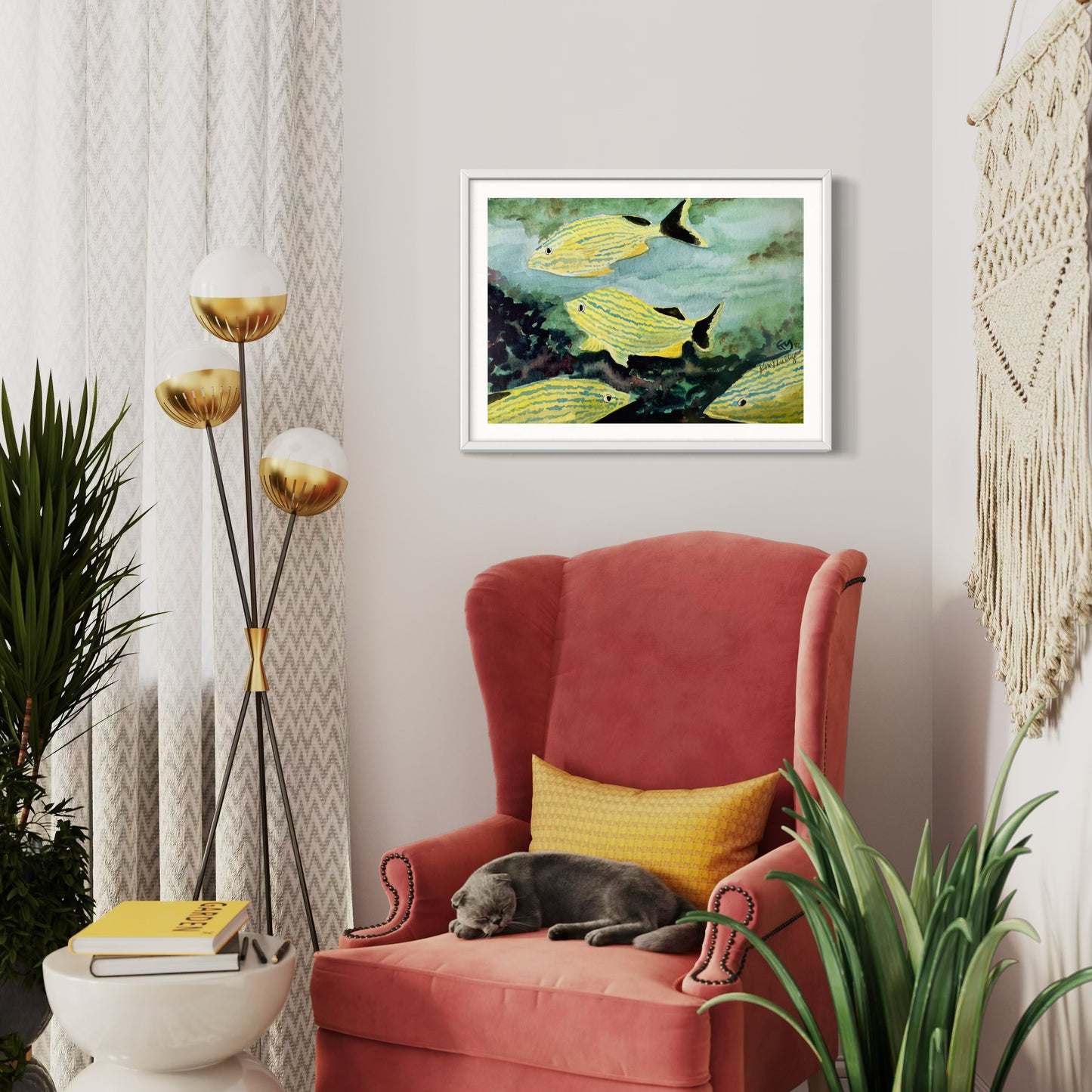 Print of Tropical Fish,  Blue Striped Grunts Watercolor Painting