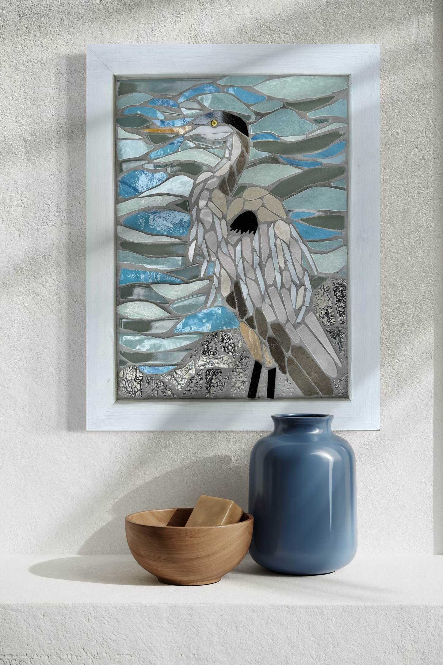 Great Blue Heron Mosaic Wall Art – Handcrafted Ceramic Tile Bird Art, Coastal Nature Decor