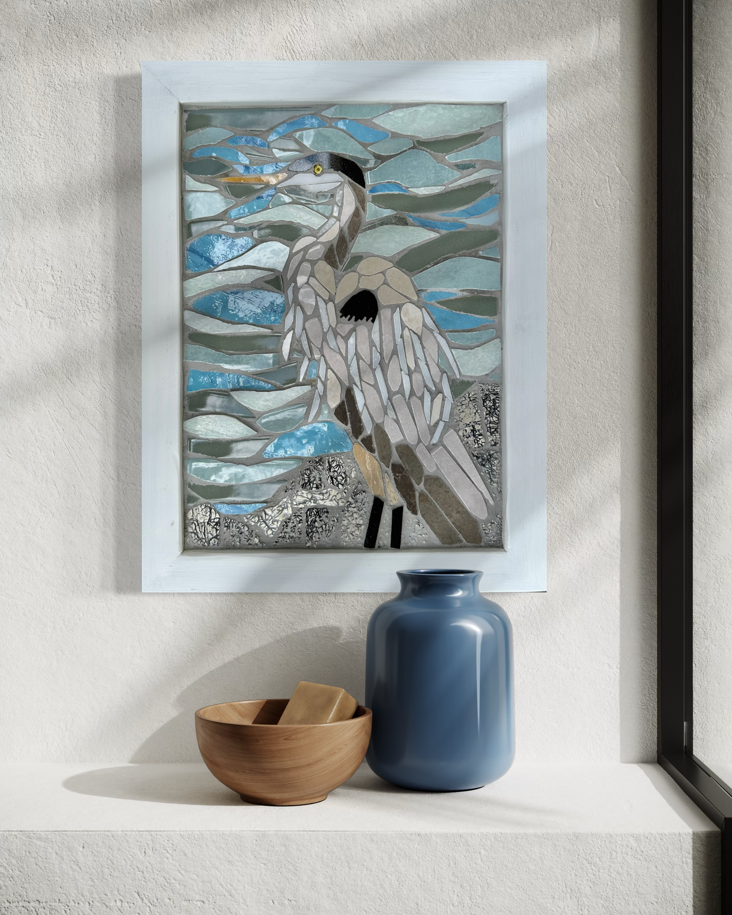 Great Blue Heron Mosaic Wall Art – Handcrafted Ceramic Tile Bird Art, Coastal Nature Decor