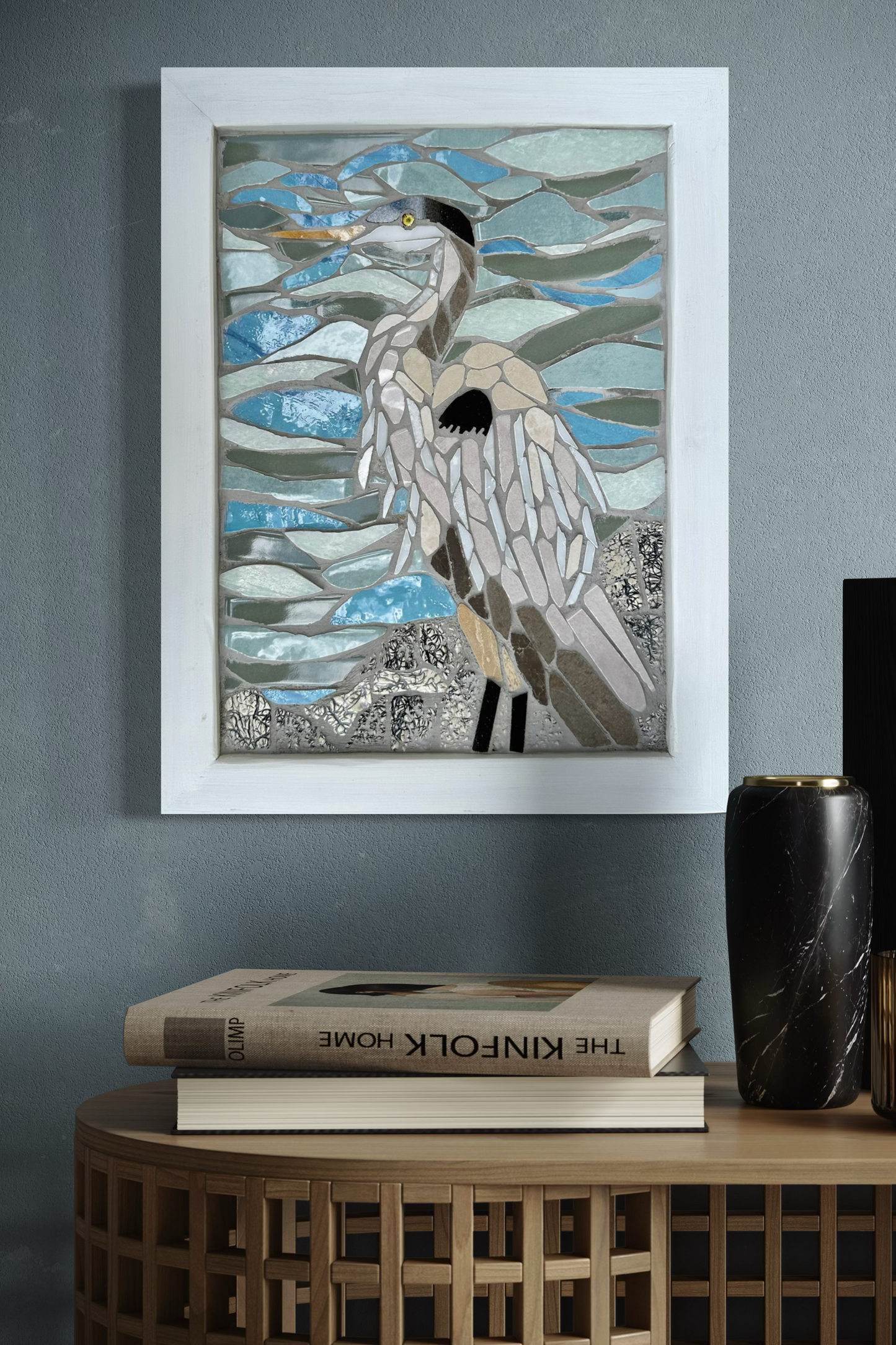 Great Blue Heron Mosaic Wall Art – Handcrafted Ceramic Tile Bird Art, Coastal Nature Decor