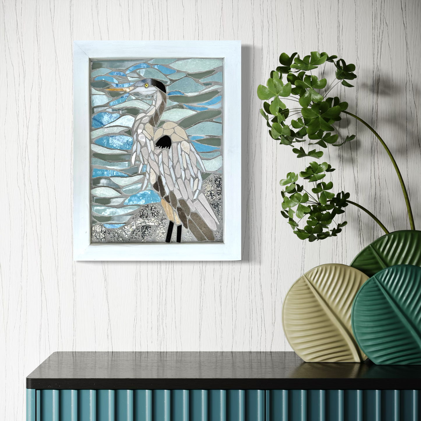 Great Blue Heron Mosaic Wall Art – Handcrafted Ceramic Tile Bird Art, Coastal Nature Decor