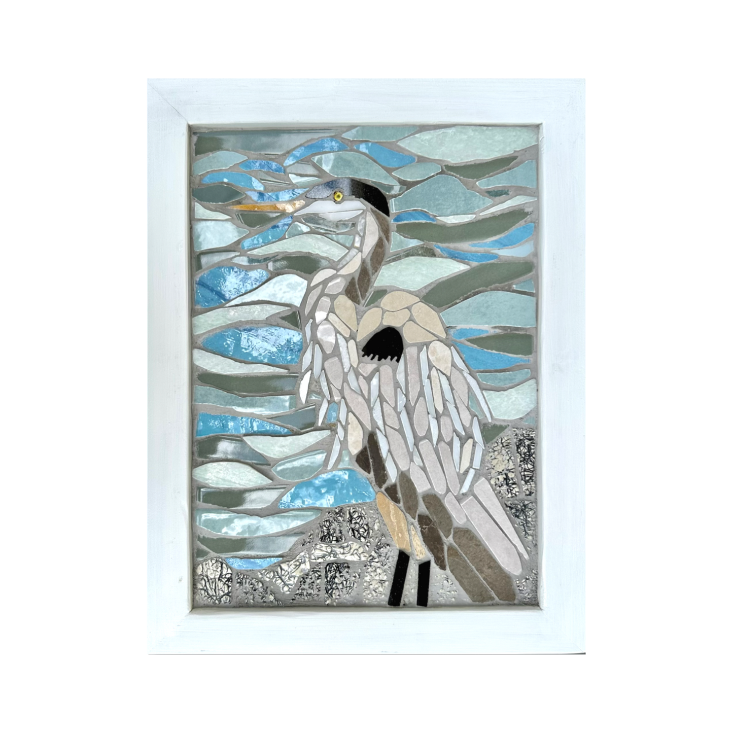 Great Blue Heron Mosaic Wall Art – Handcrafted Ceramic Tile Bird Art, Coastal Nature Decor
