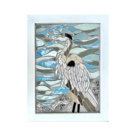 Great Blue Heron Mosaic Wall Art – Handcrafted Ceramic Tile Bird Art, Coastal Nature Decor