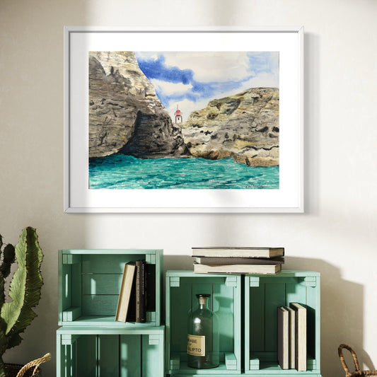 Print of Benagil Caves and Alfanzina Lighthouse in Lagos Portugal