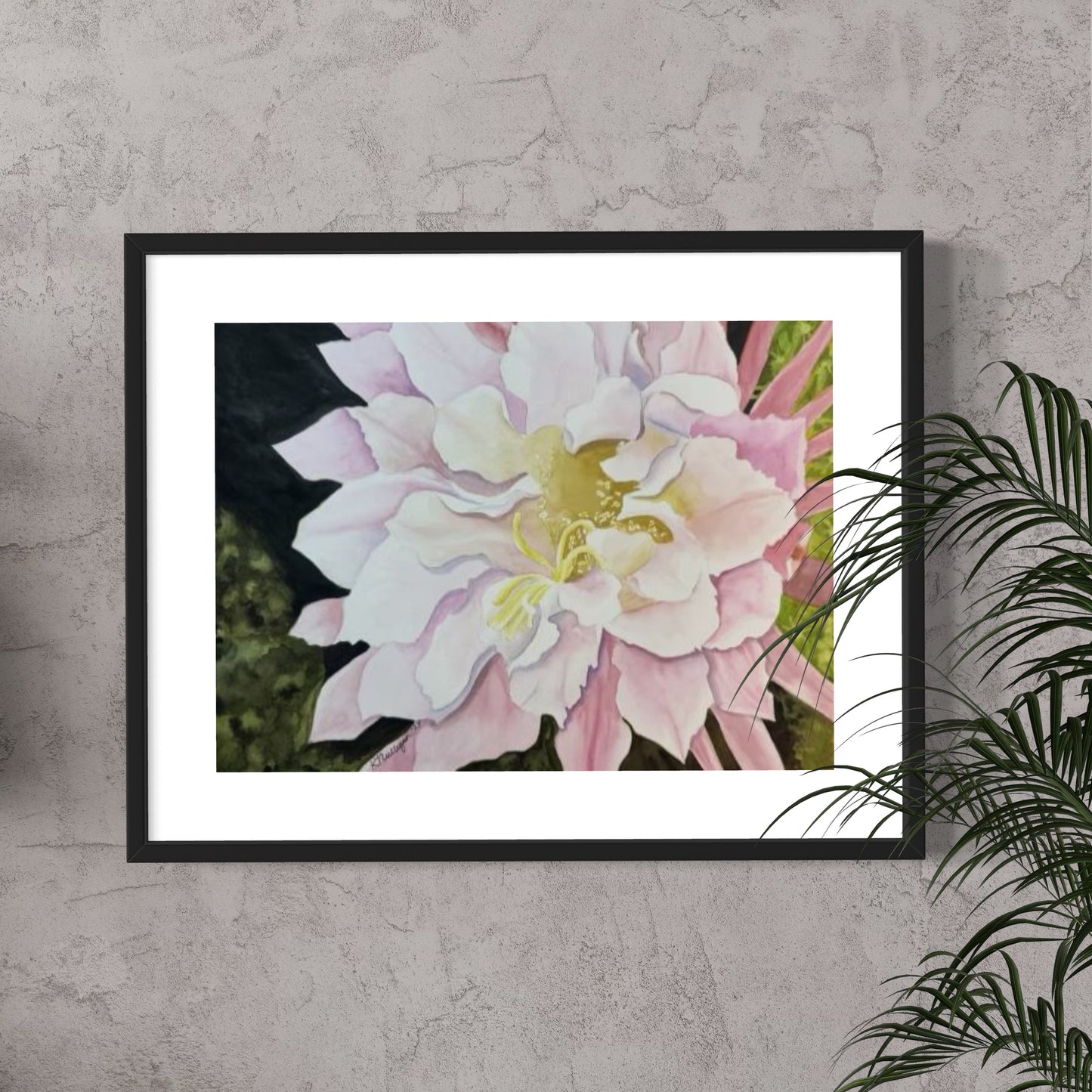 Framed watercolor artwork of a pink cactus flower on a textured wall with a plant.