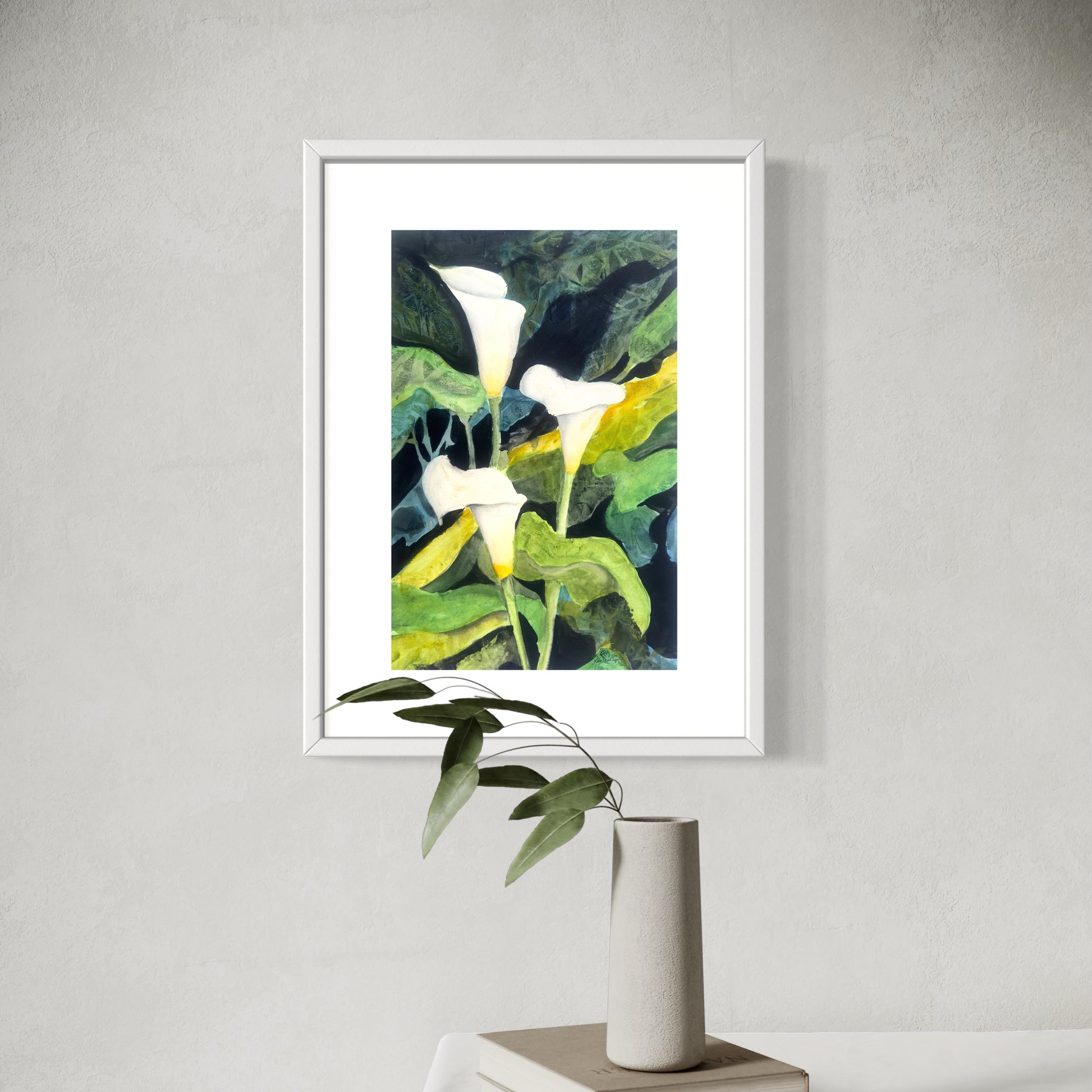 Framed watercolor artwork of 3 calla lilies.