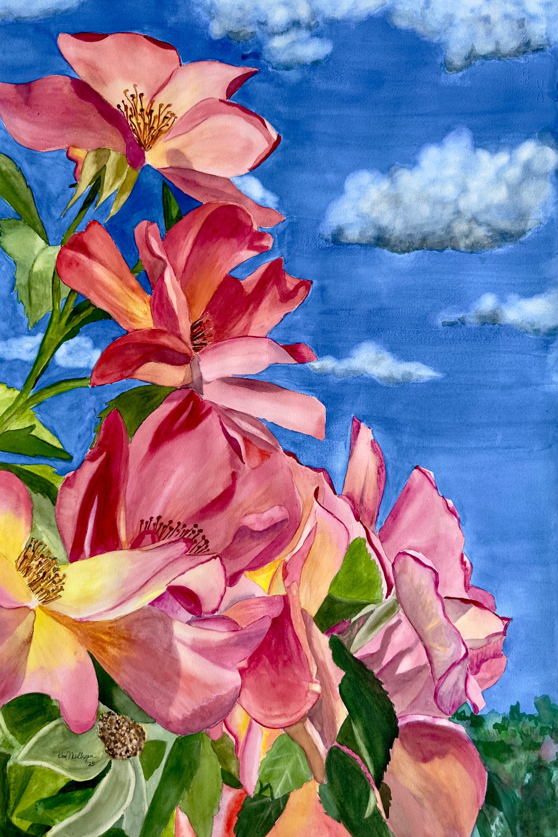 Wtercolor painting of pink flowers with a blue sky background