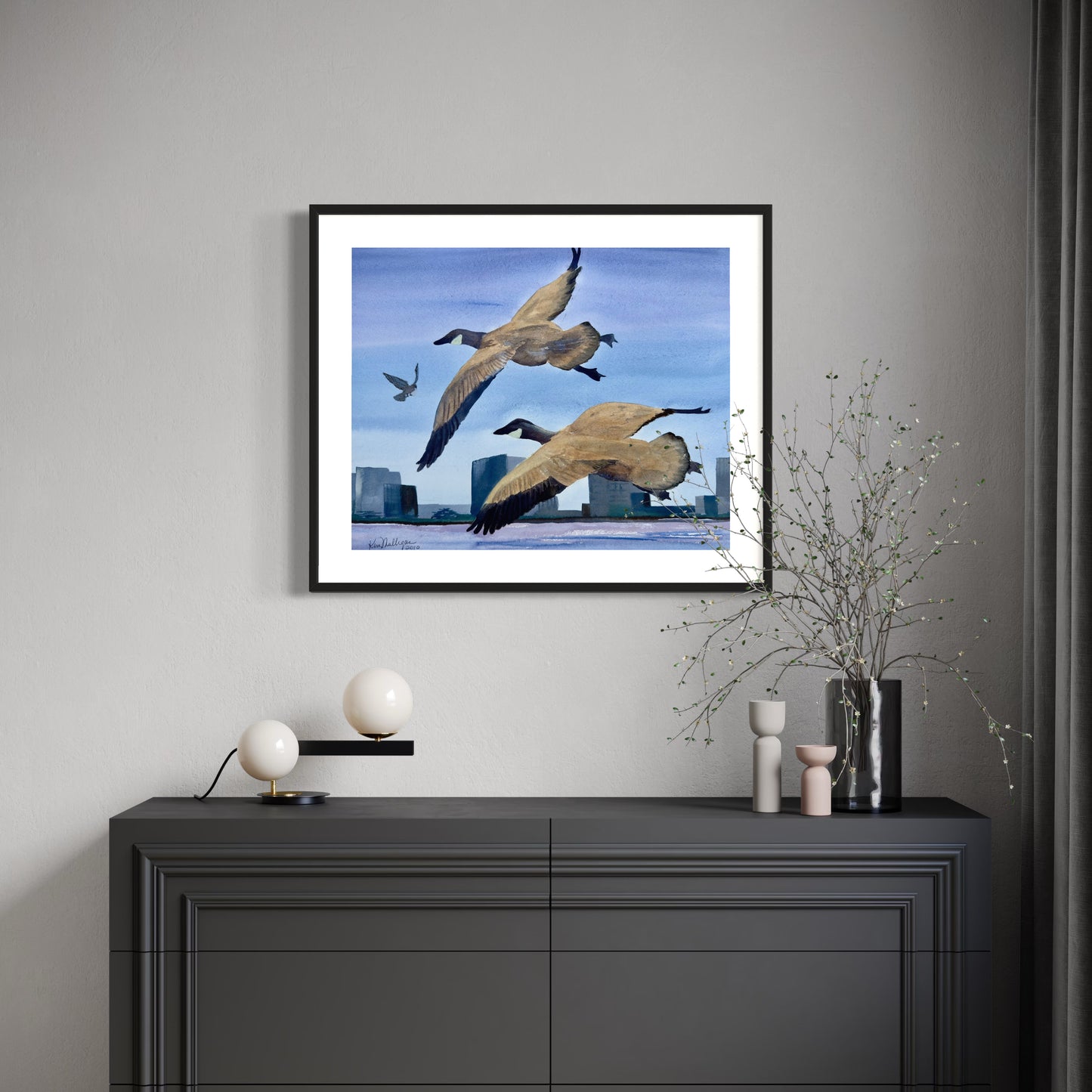 Print of Canada Geese in Flight Watercolor Painting
