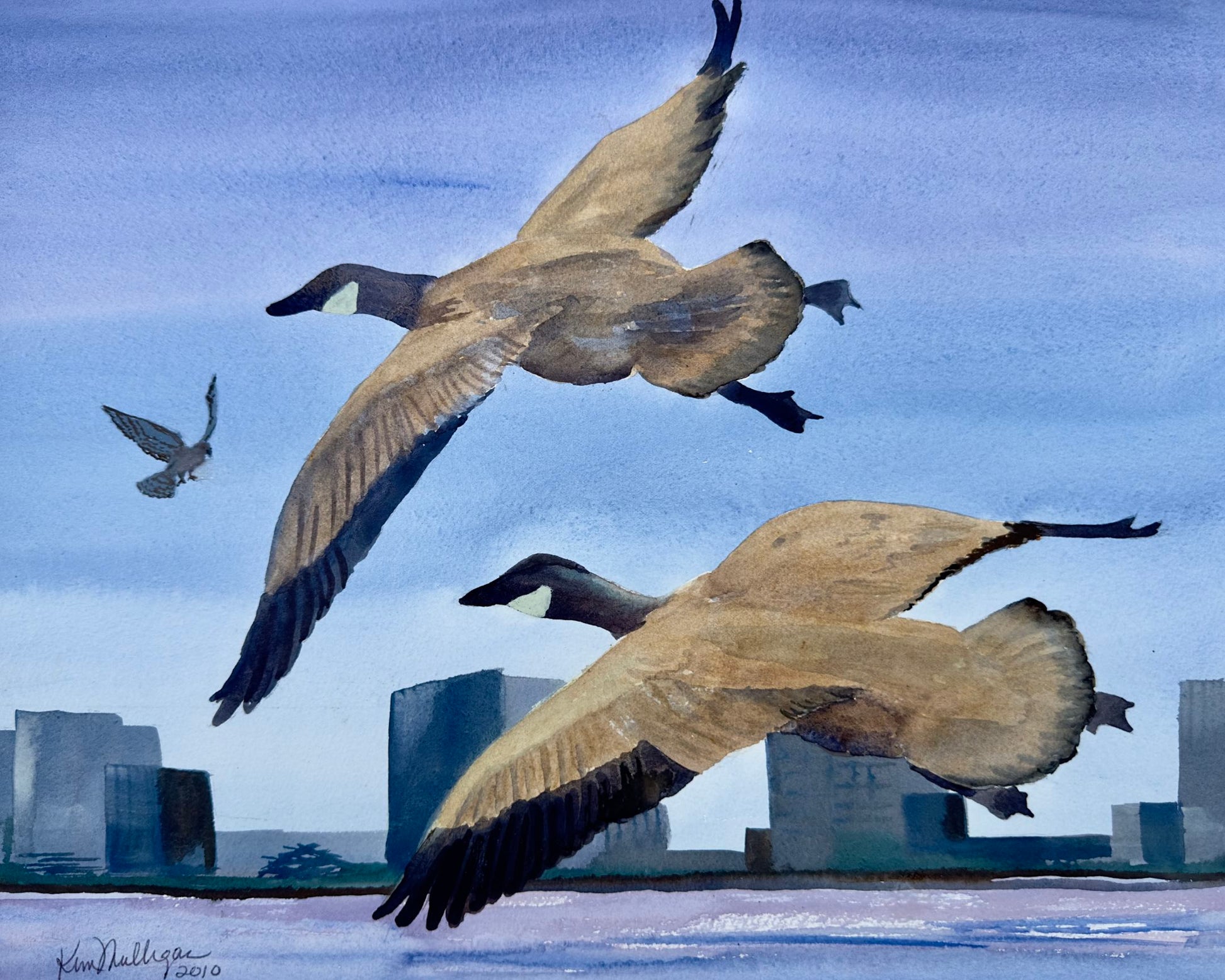 Watercolor painting of two Canada geese flying over a the Atlantic city skyline with a blue sky background
