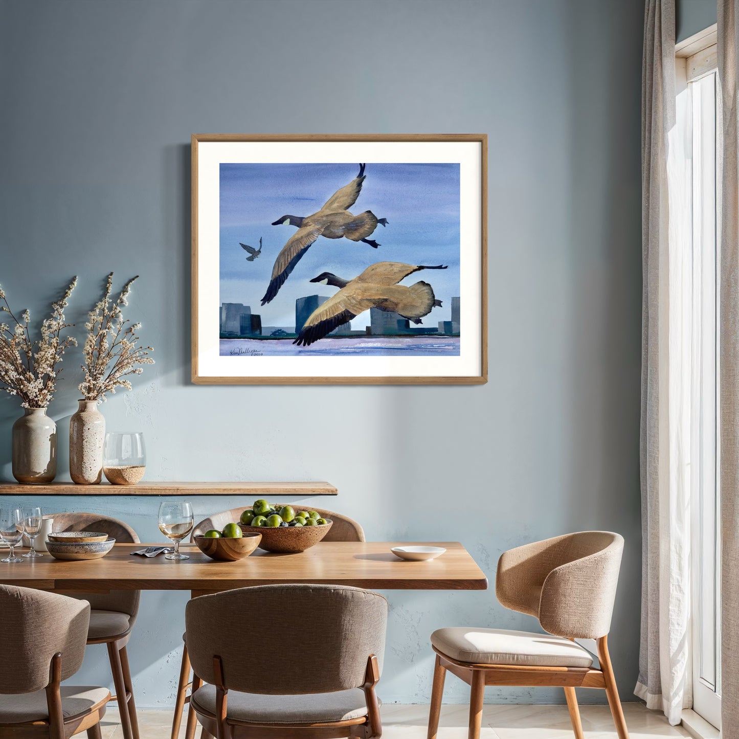 Print of Canada Geese in Flight Watercolor Painting