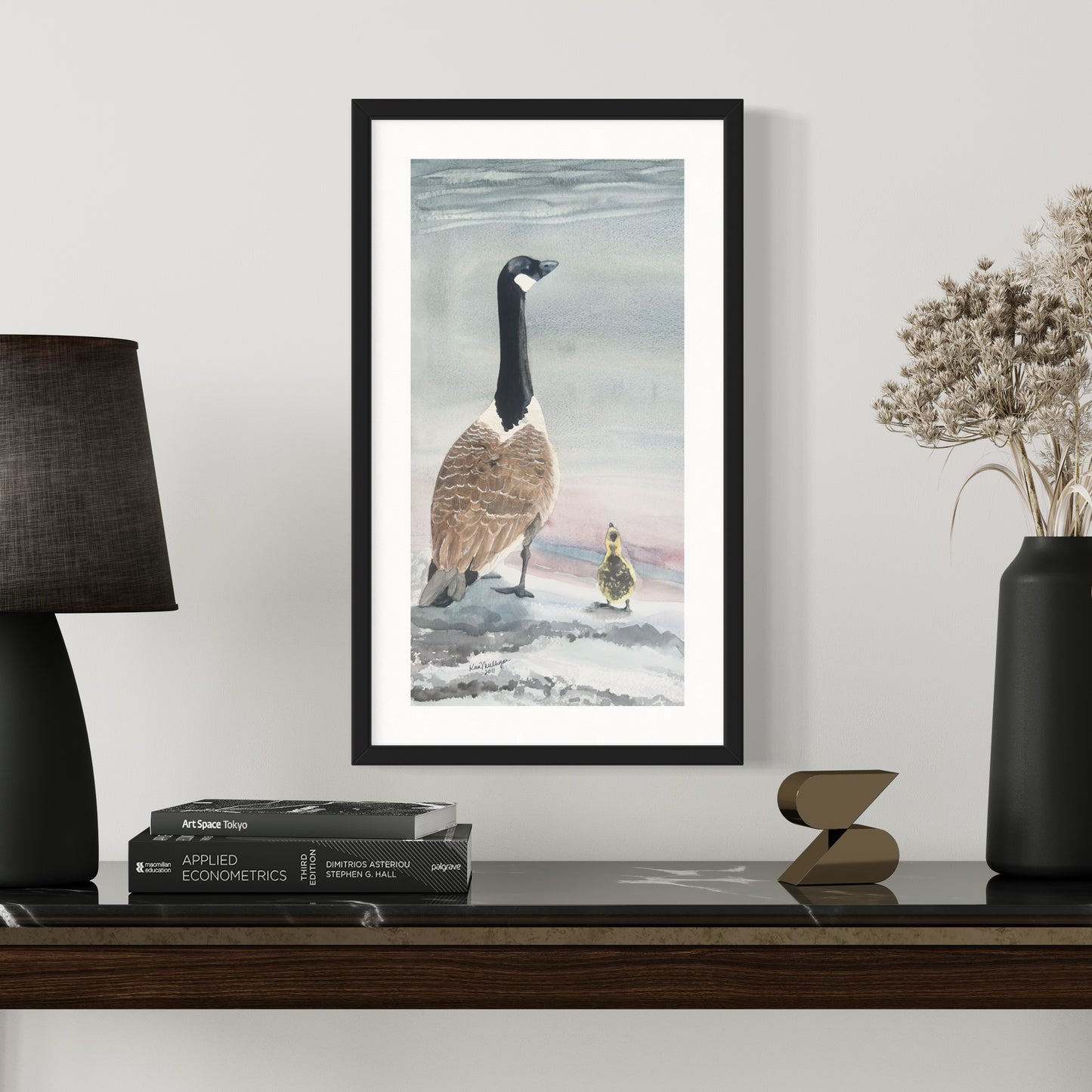 Print of Canada Goose with Gosling Watercolor Painting