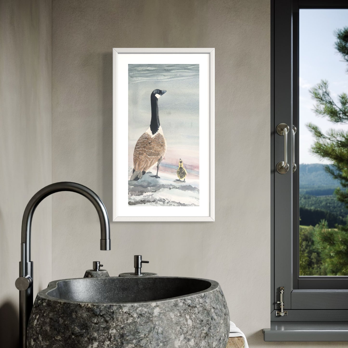 Print of Canada Goose with Gosling Watercolor Painting