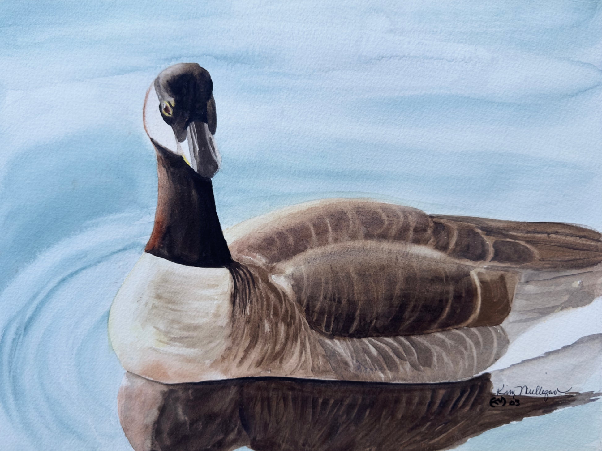 Watercolor painting of a solitary Canada goose on calm water.