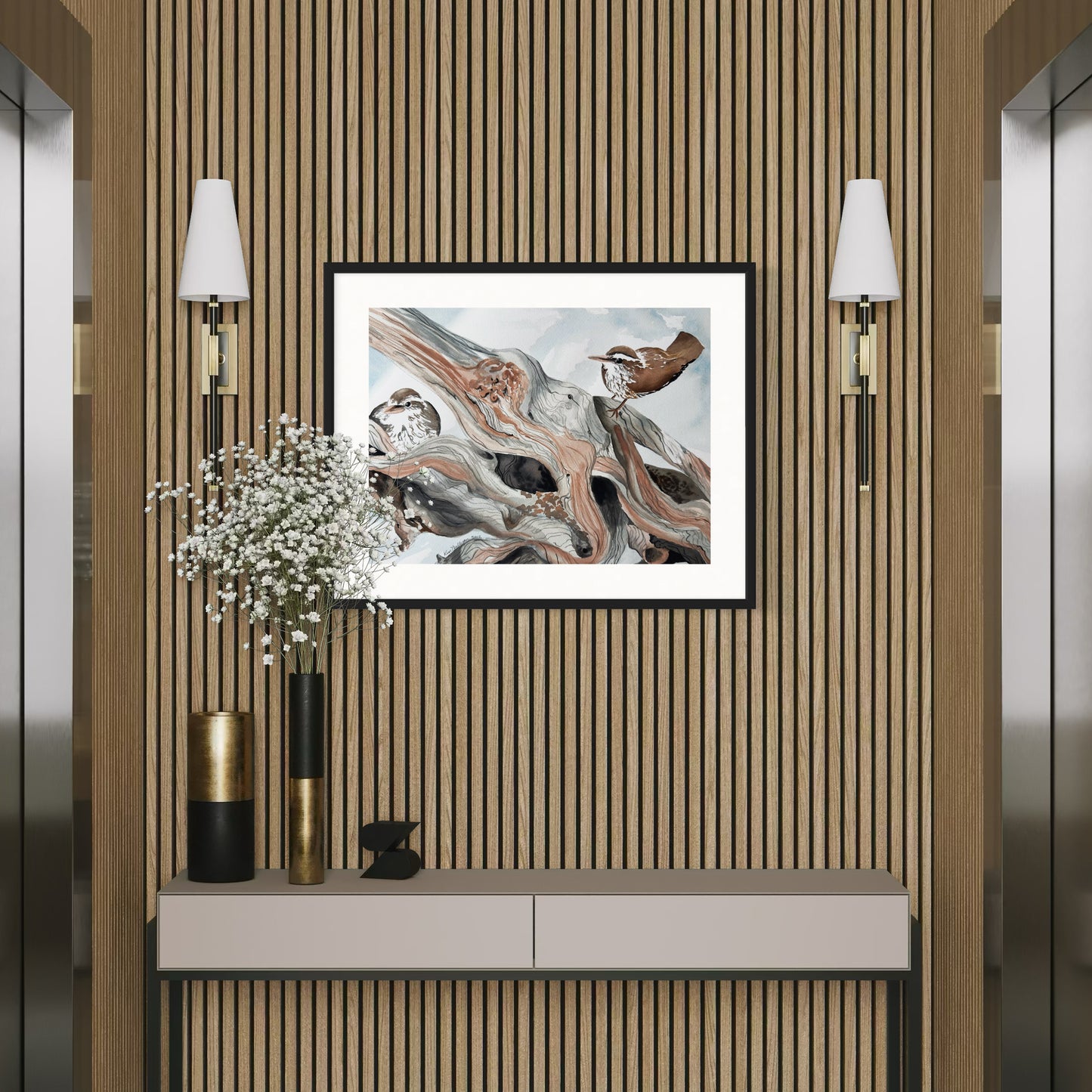Print of Carolina Wrens in the Snow Watercolor Painting