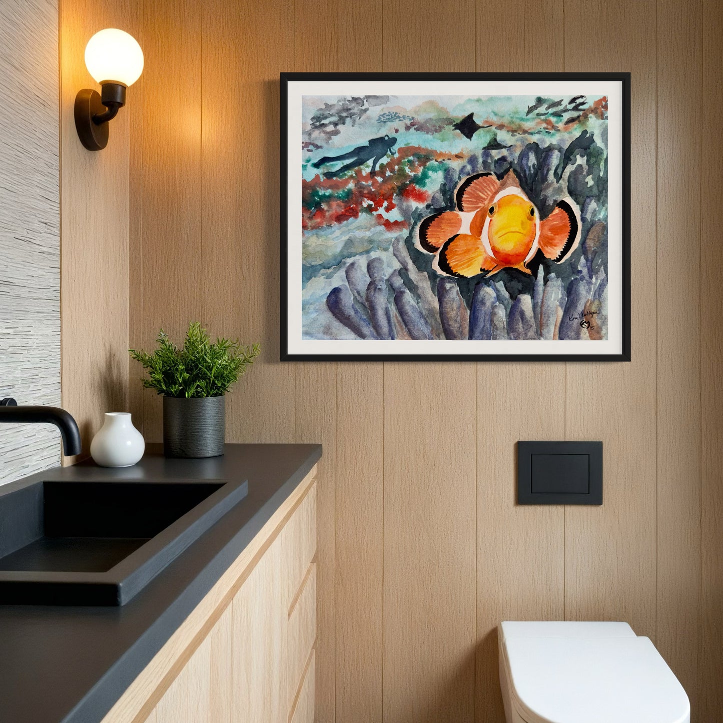 Print of Clown Fish in Anemone Watercolor Painting