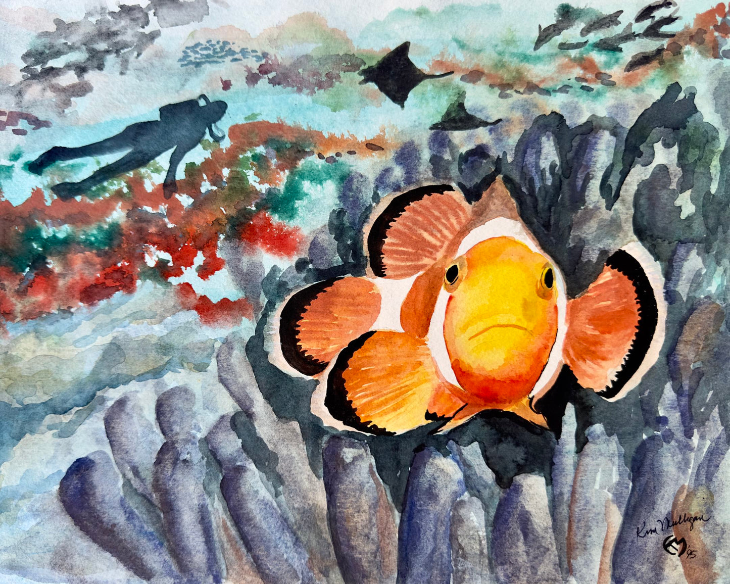 Watercolor painting of a clownfish among coral and other fish.