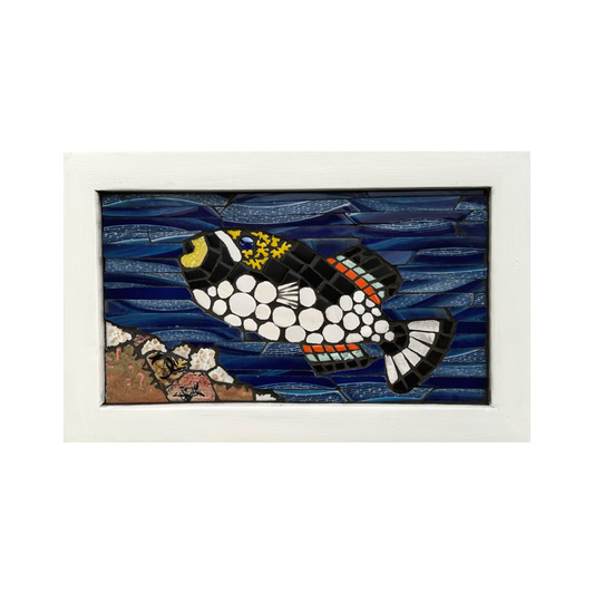 Framed mosaic artwork of a tropical clown triggerfish with a white border