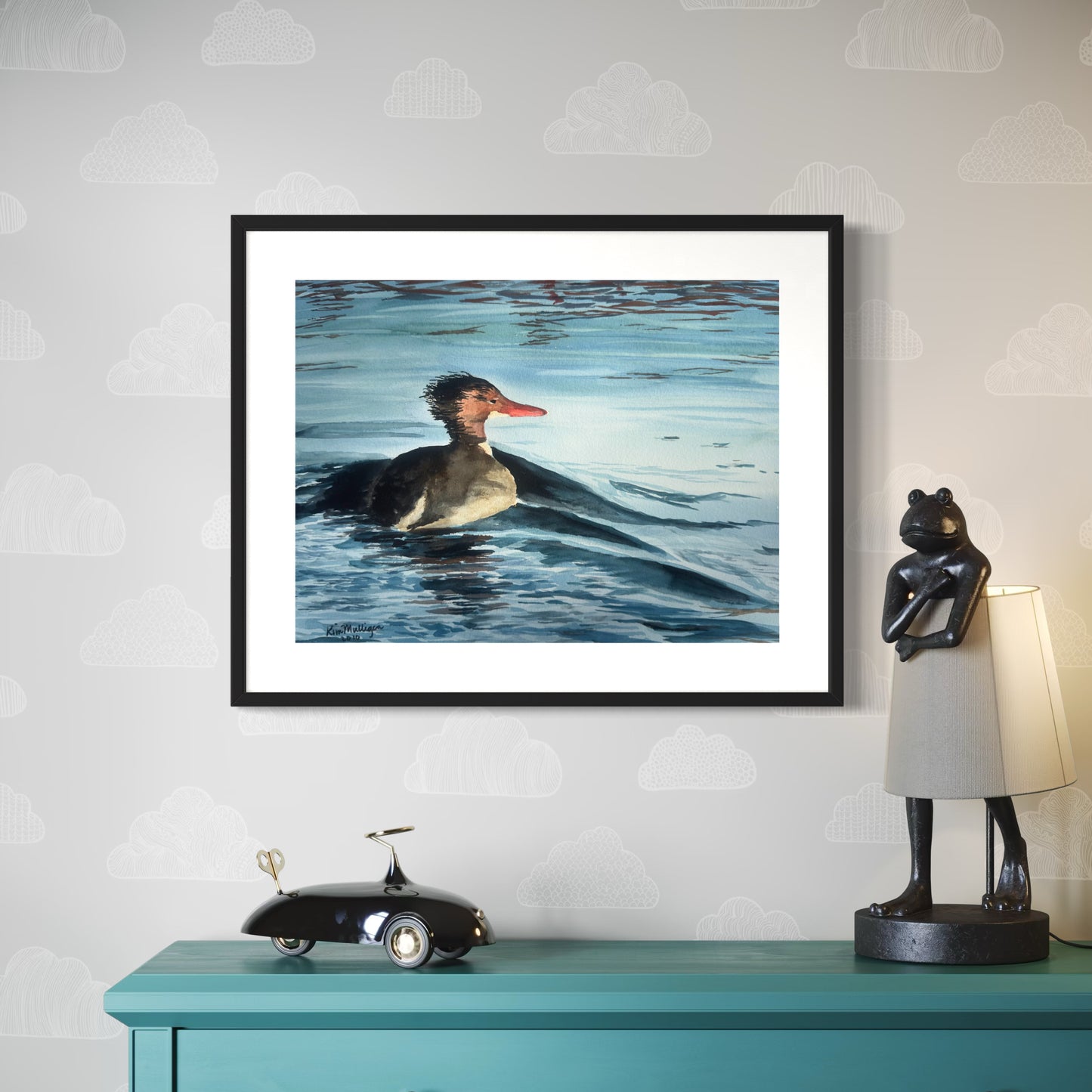 Print of a Common Merganser Watercolor Painting