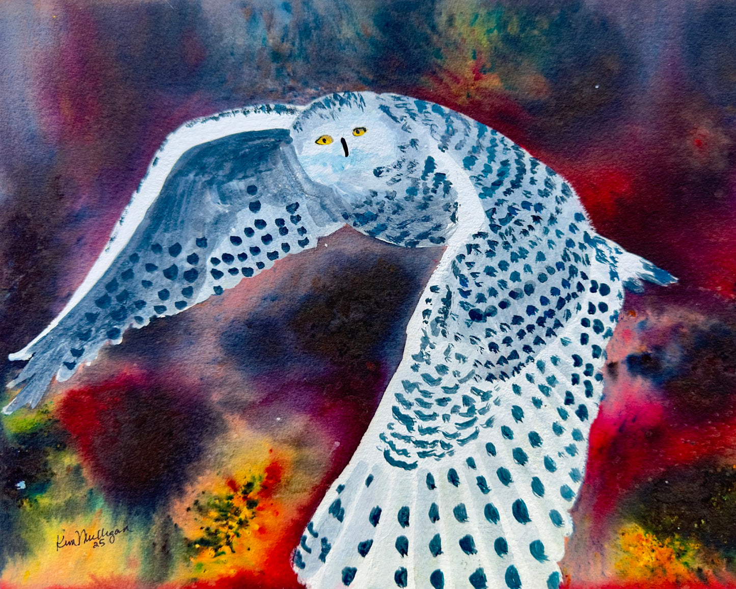 Print of Snowy Owl in Flight Watercolor Painting