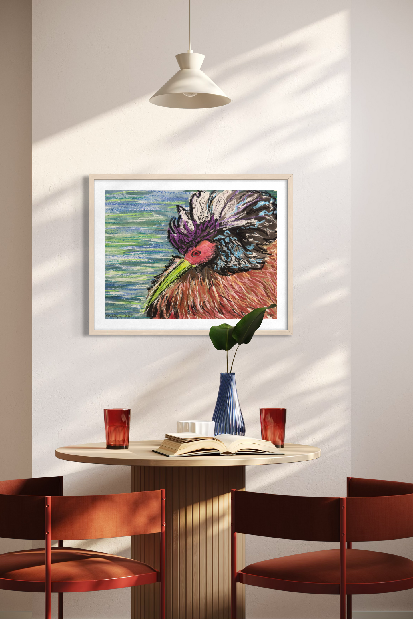 colorful crested abstract bird room mock up