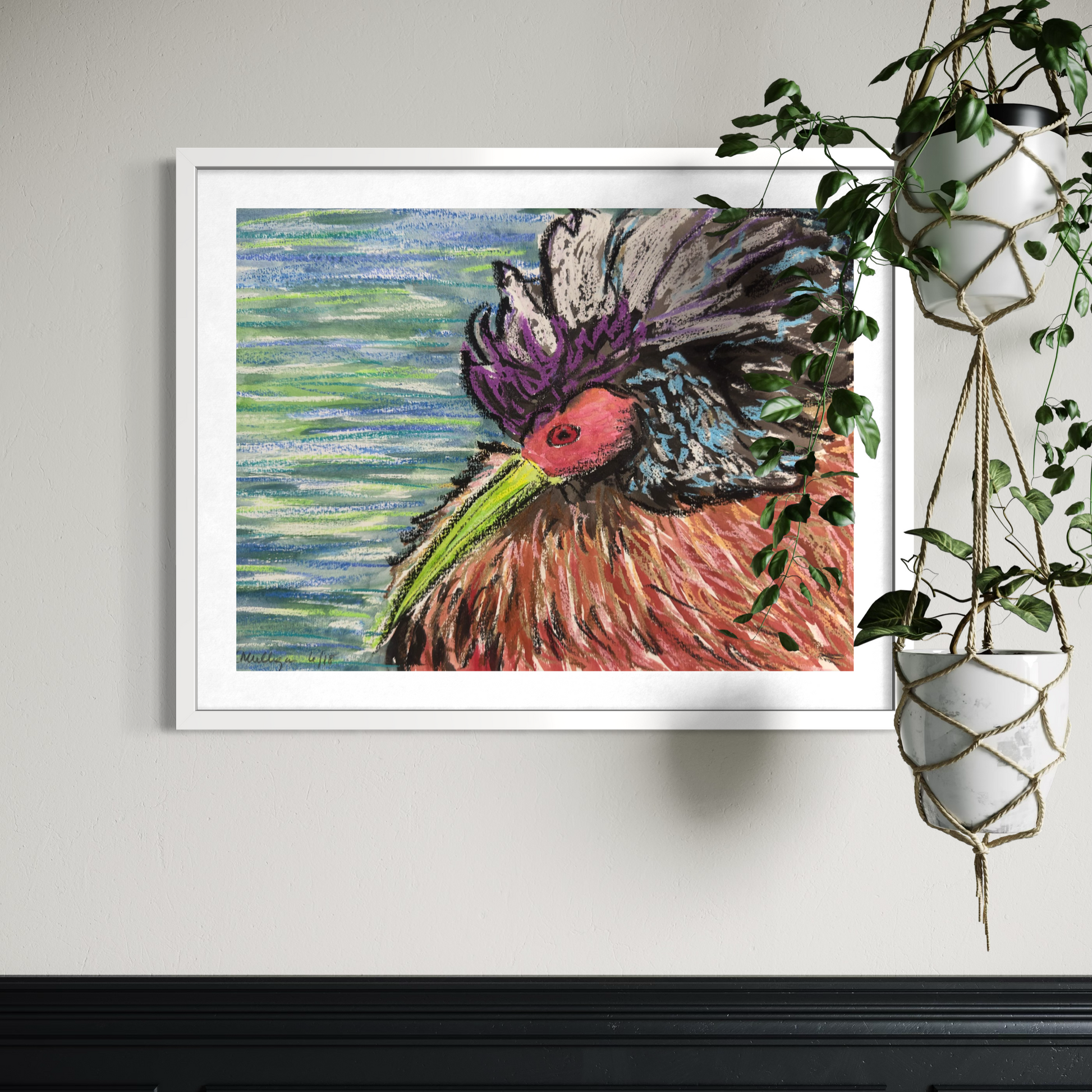 mixed media painting of colorful abstract crested bird.