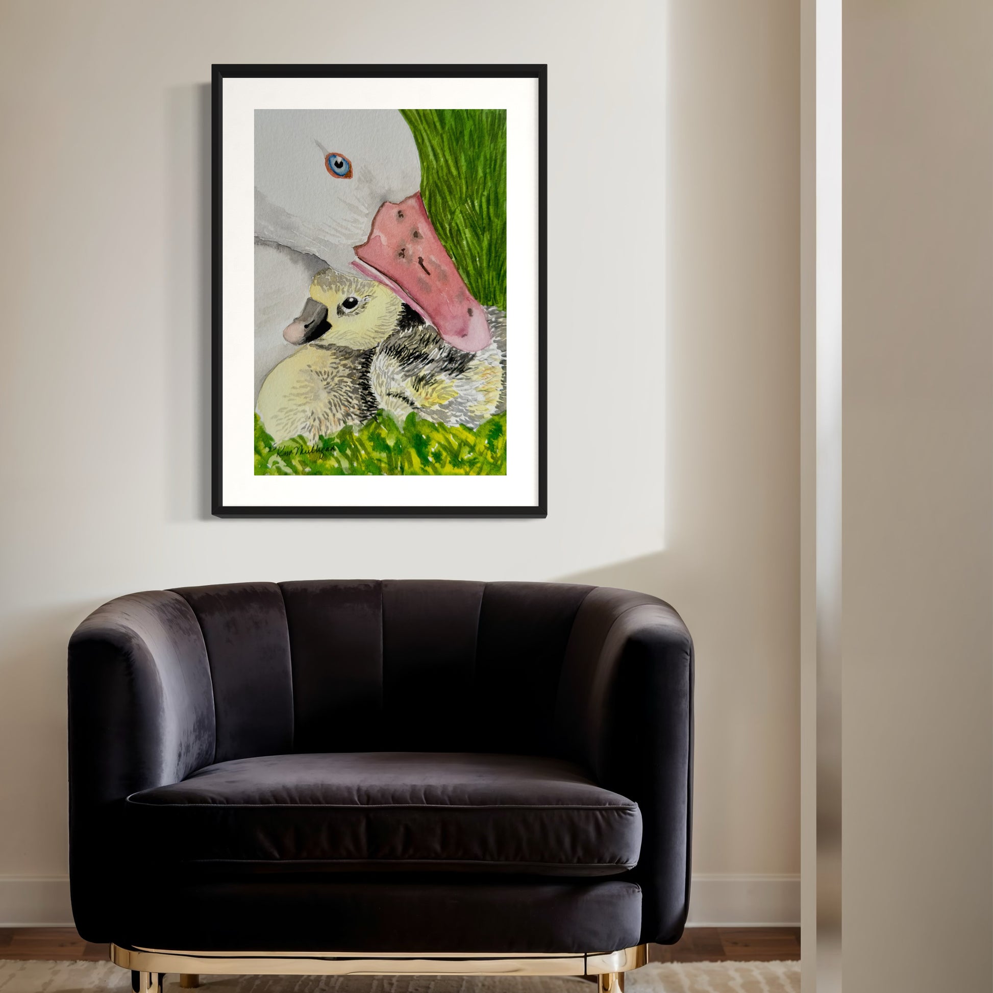 Framed watercolor painting of a white mother duck sheltering her duckling in the grass.