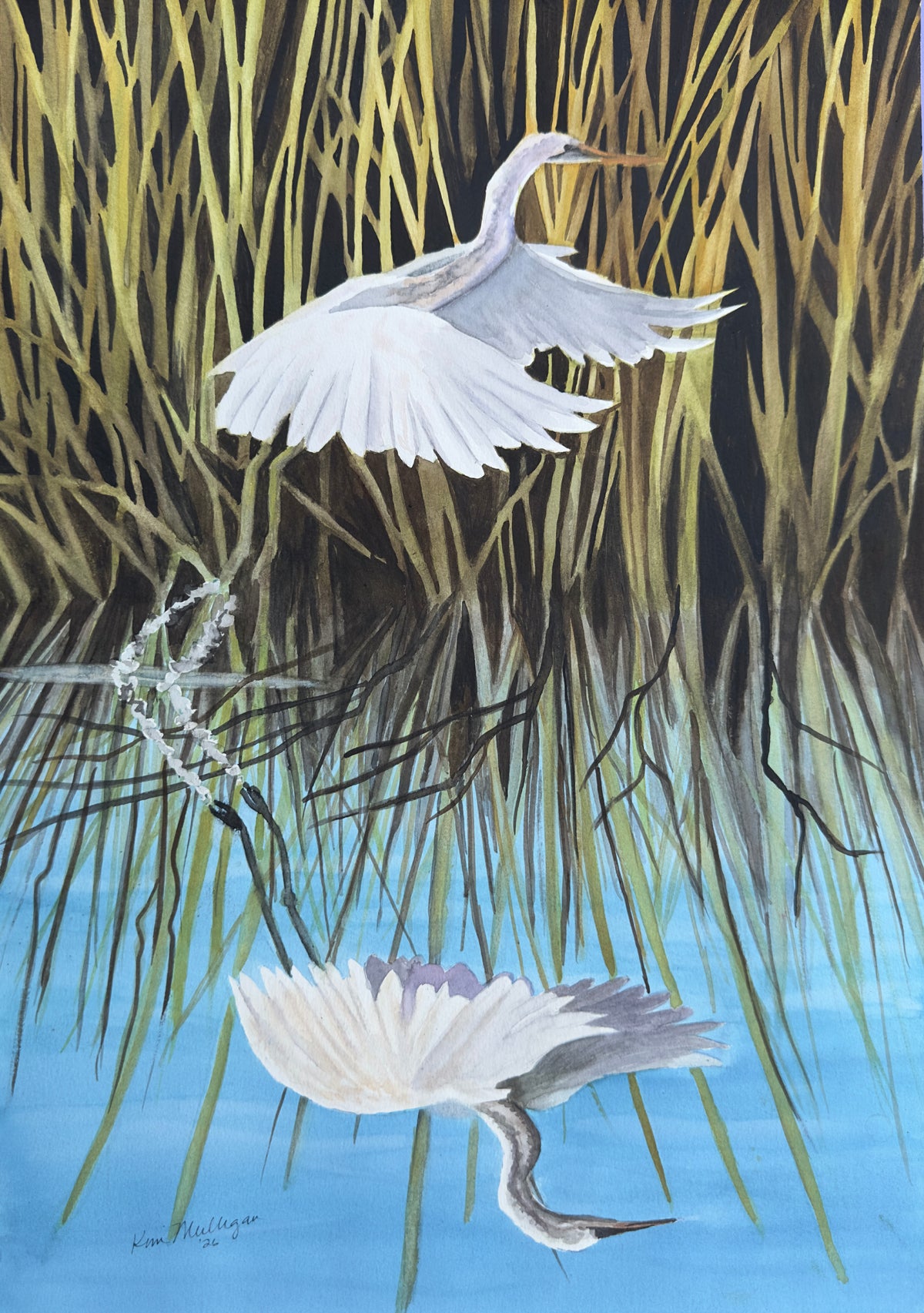 A painted nature scene showing white heron with reflection in a marsh with tall reeds and blue water. The artwork fills the frame, so this is best classified as Scenery rather than Product/Packaging.