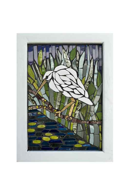 Egret Mosaic Wall Art | Coastal Bird Decor Made with Recycled Tile