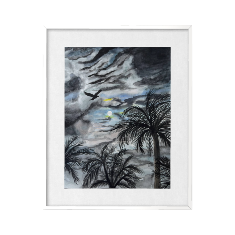 Framed artwork of palm trees and a moonlit sky with birds.