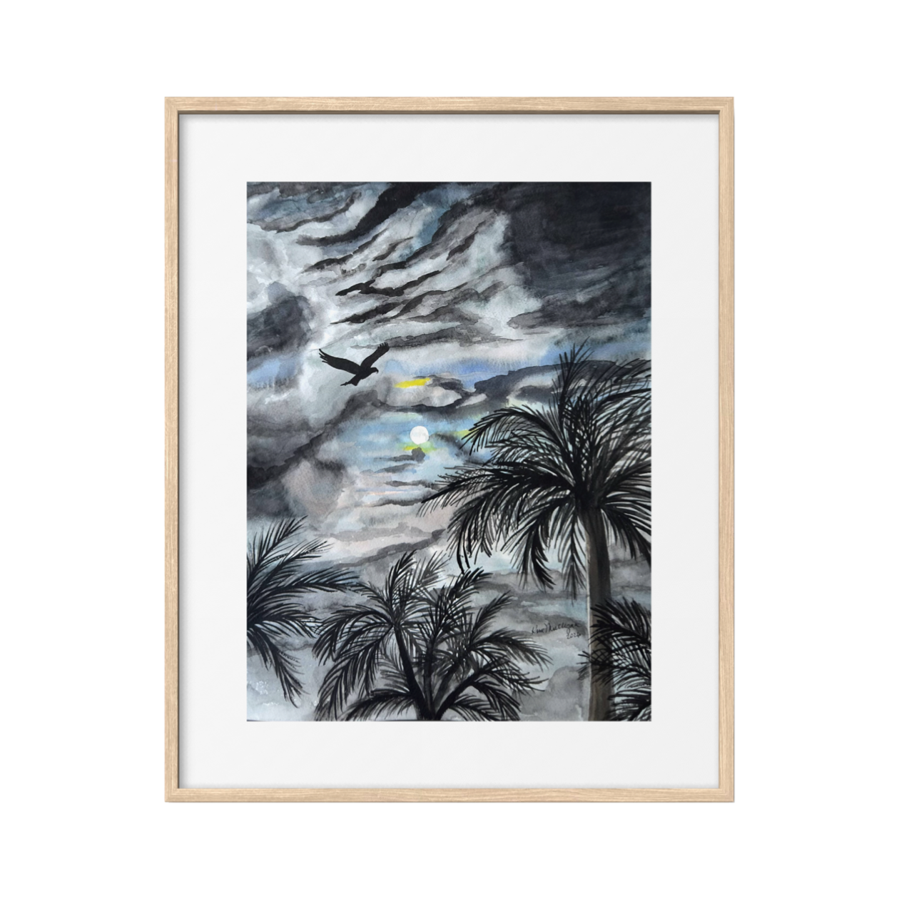 Framed artwork of palm trees and a bird against a night sky with moon and stars.