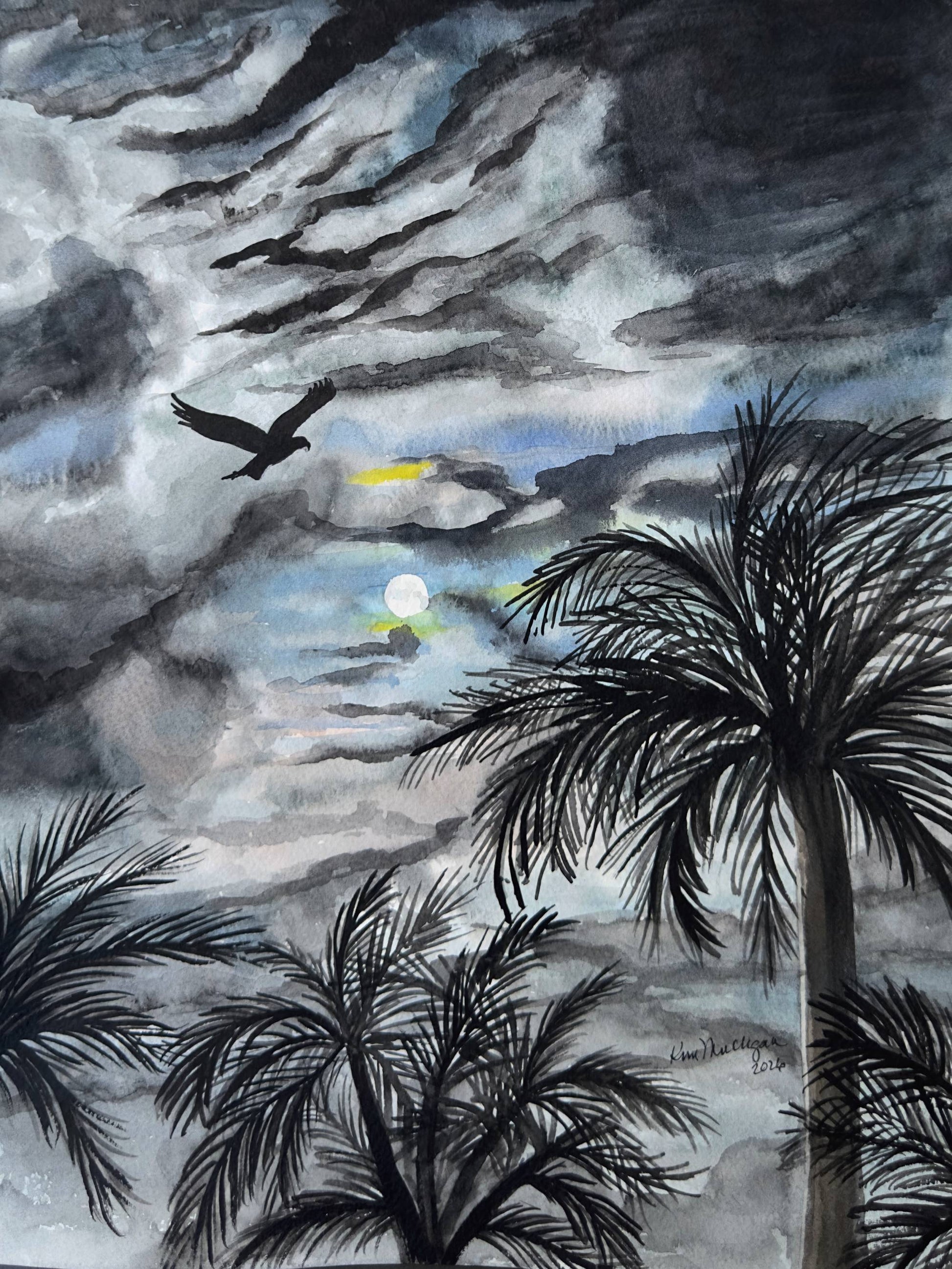 Watercolor painting of an osprey flying over palm trees beneath a dramatic moonlit Florida evening sky by Kim Mulligan