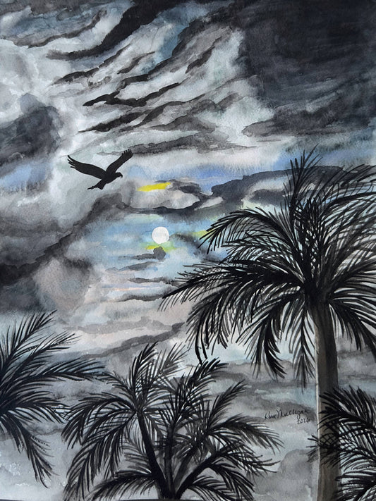 Watercolor painting of an osprey flying over palm trees beneath a dramatic moonlit Florida evening sky by Kim Mulligan
