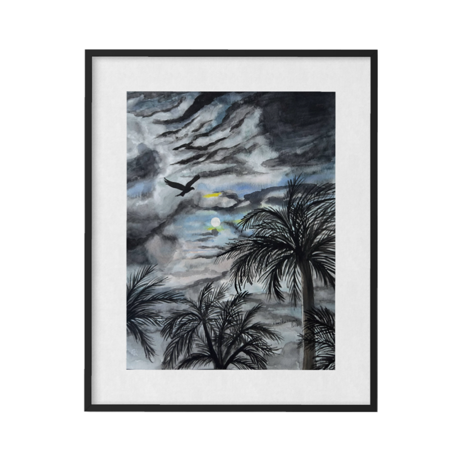 Framed artwork of a night sky with palm trees and birds