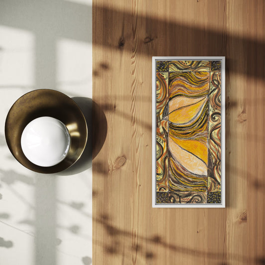 Decorative abstract mixed media painting depicting fall leaves and an organic patterned boarder in gold orange brown and black.