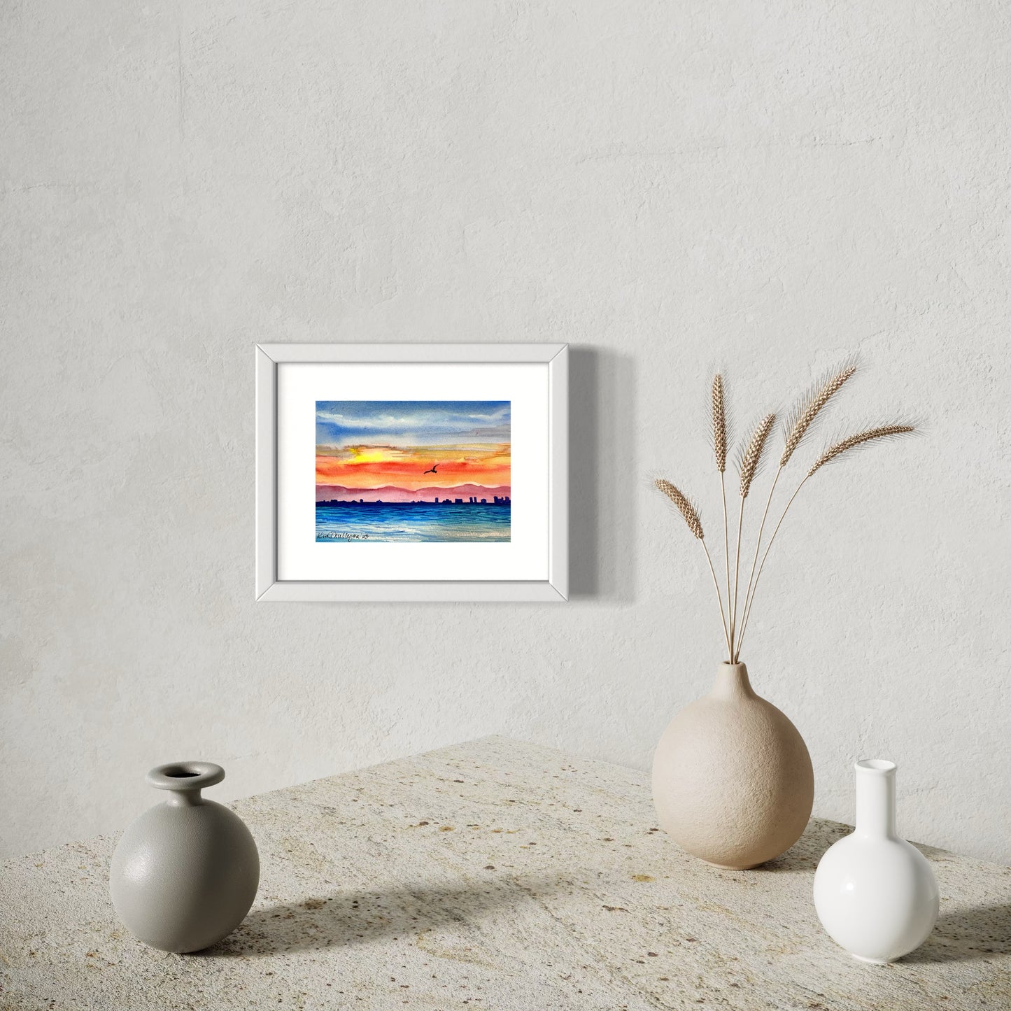 Print of Ocean Sunset with City Shoreline