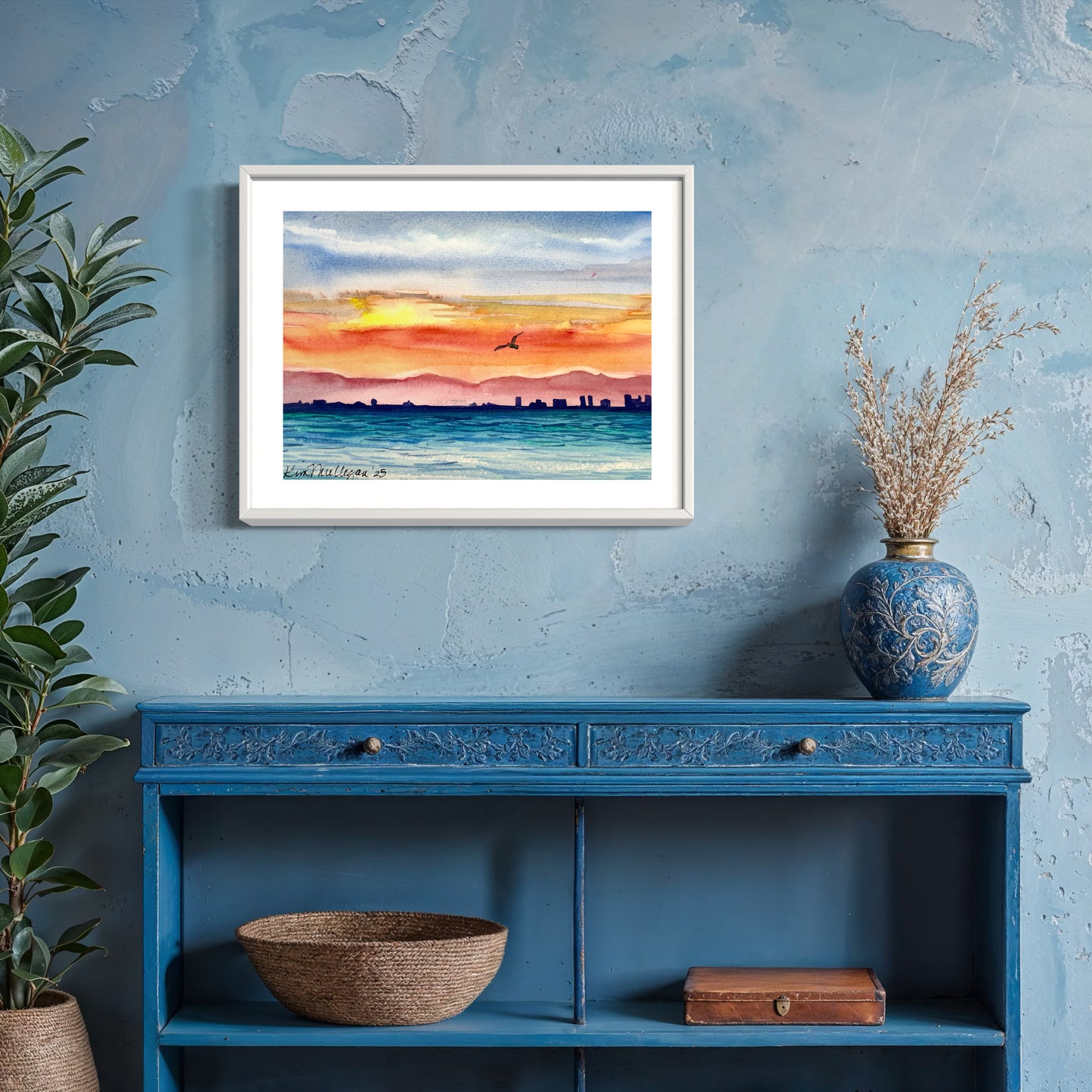 Print of Ocean Sunset with City Shoreline