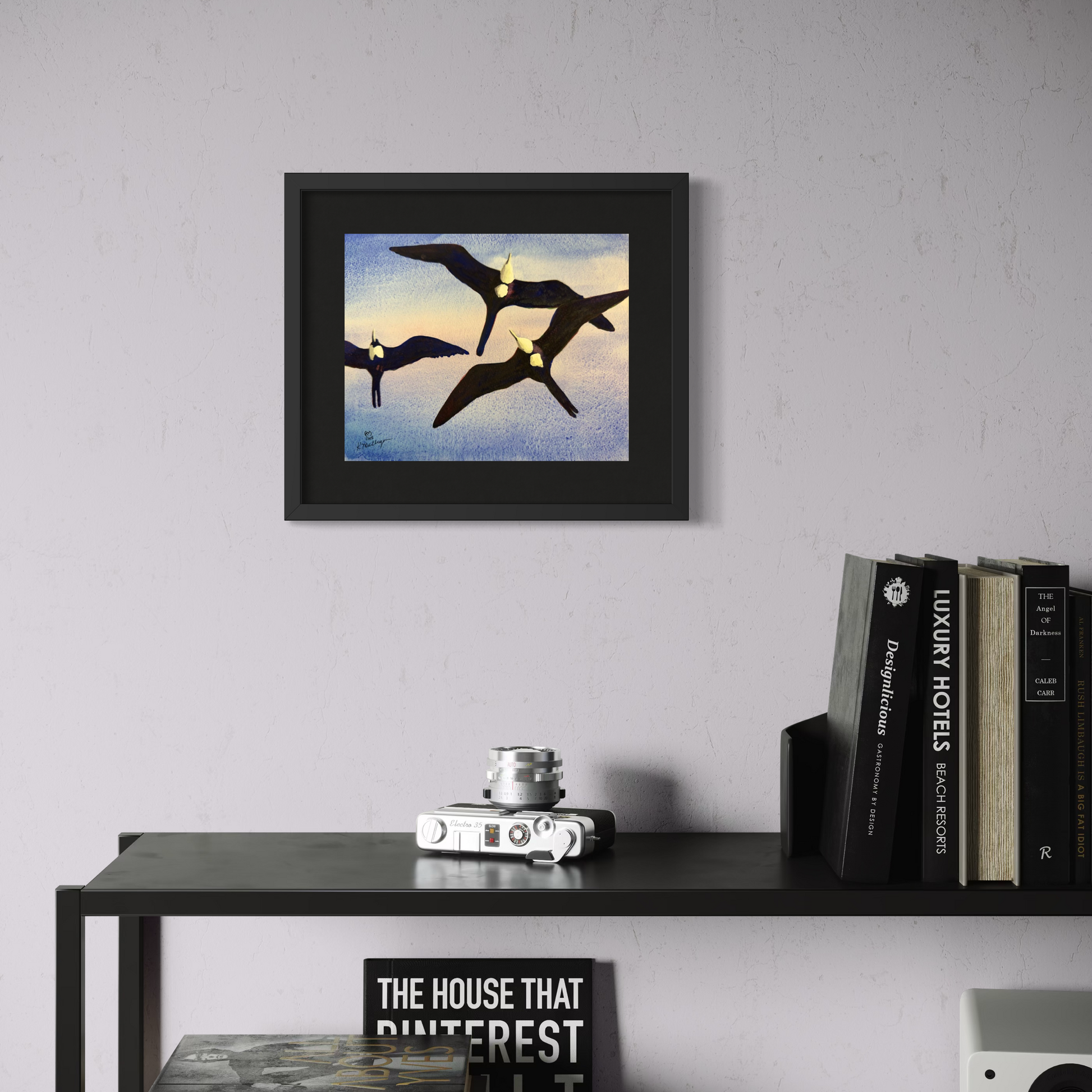 Framed artwork of frigate birds flying above water on a wall above a shelf with books and a camera.