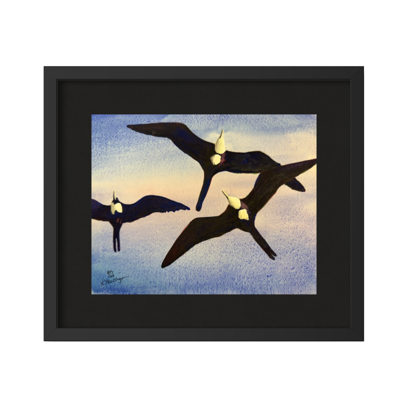 Framed artwork of three frigate birds flying against a blue sky.