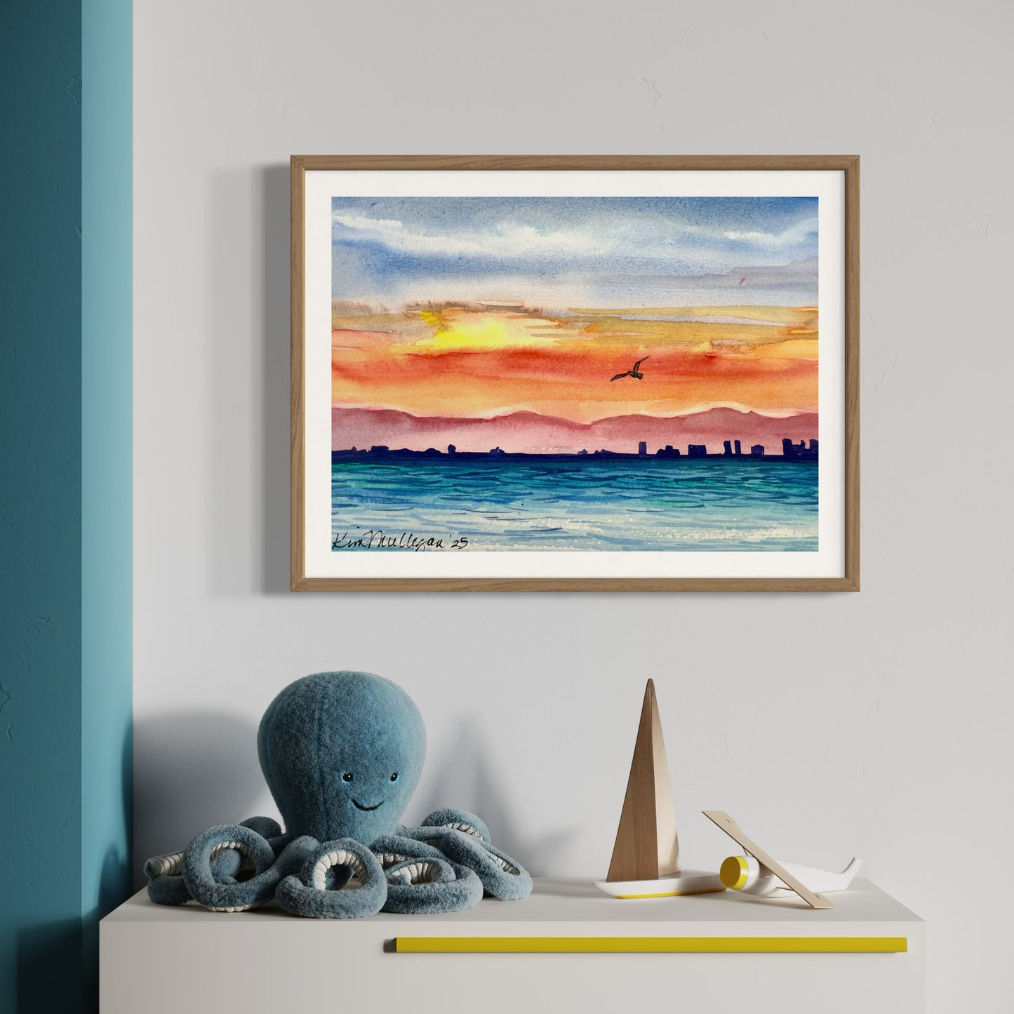 Print of Ocean Sunset with City Shoreline