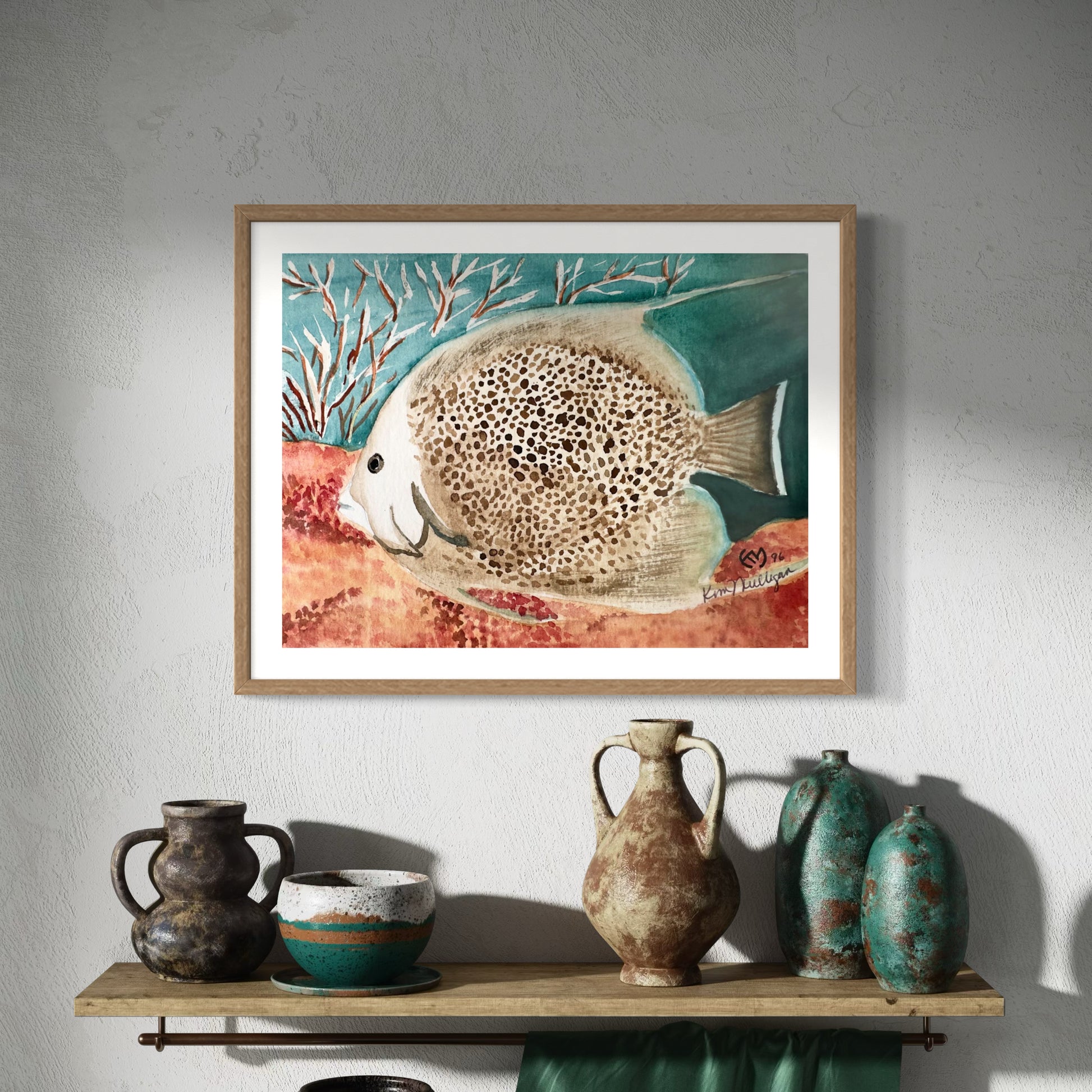 Framed Watercolor painting of a gray angelfish among coral