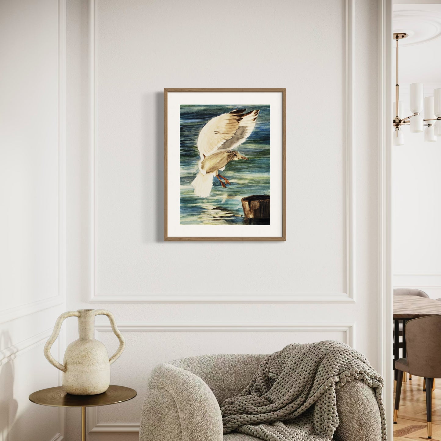 Print of Sea Gull Landing Watercolor Painting